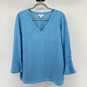 J Jill 100% Linen V Neck Tunic Top Shirt Womens M Blue Bell Sleeve BeachCoastal